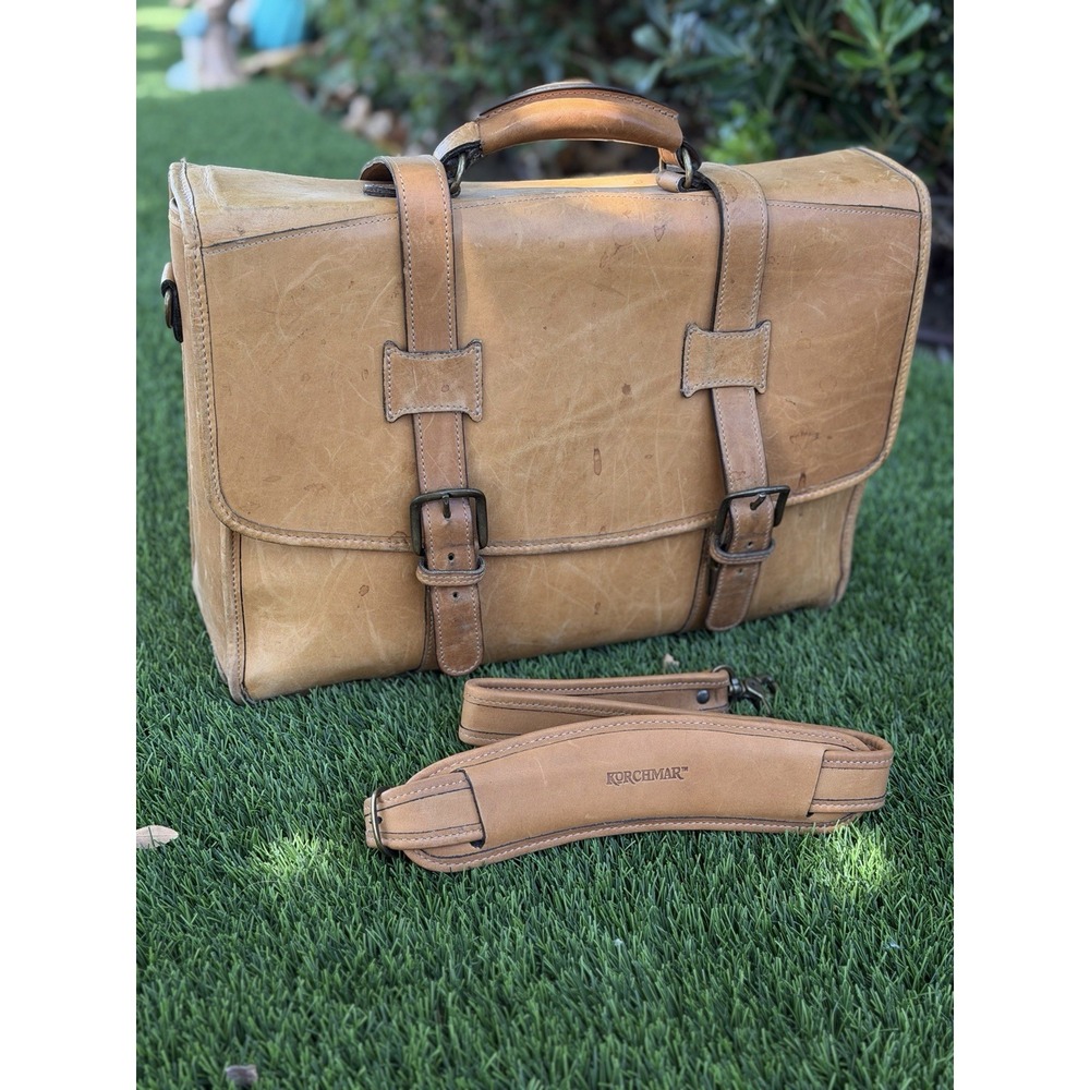 Vintage Korchmar Tan Leather Briefcase Double Buckle Business Work Bag